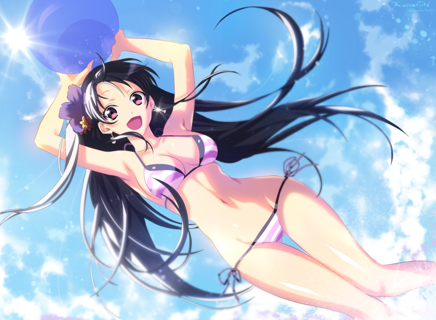 ball, beach, bikini, black_hair, long_hair, murakami_yuzu, navel, original, pink_eyes, signed, summer, swimsuit