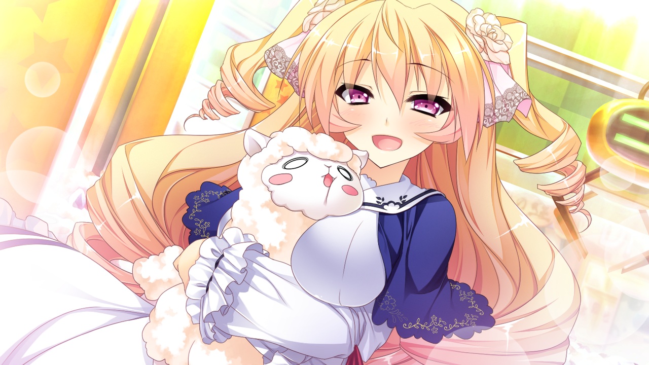 animal, blonde_hair, blush, dress, game_cg, girls_be_ambitious!, long_hair, misasagi_erena