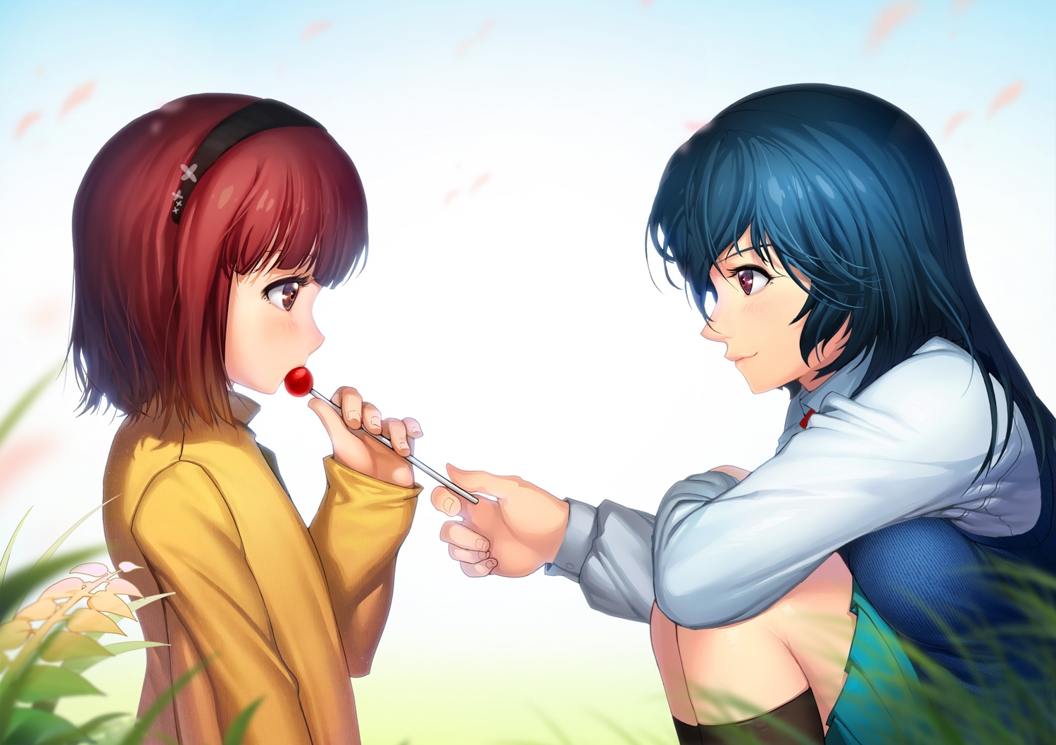 2girls, blue_hair, brown_eyes, candy, food, grass, headband, lollipop
