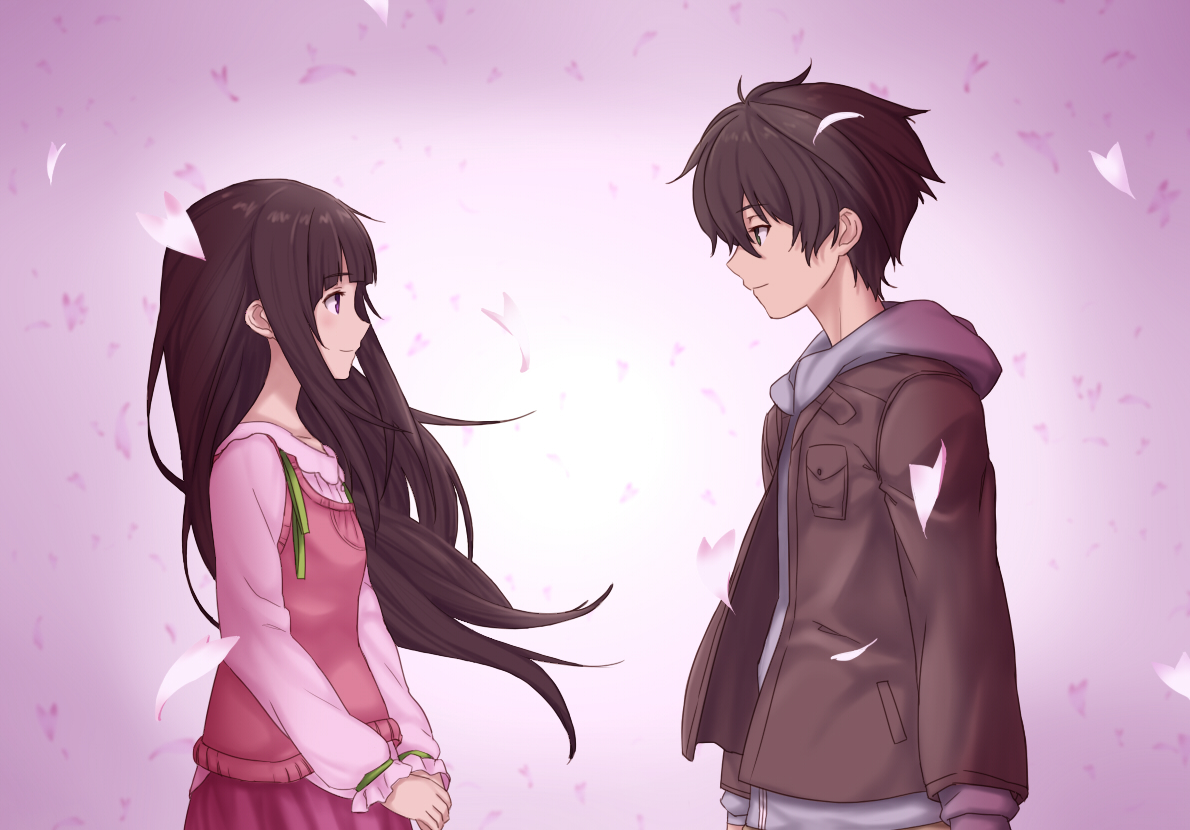 black_hair, chitanda_eru, green_eyes, hood, hyouka, long_hair, male, needle, oreki_houtarou, petals, pink_eyes, short_hair