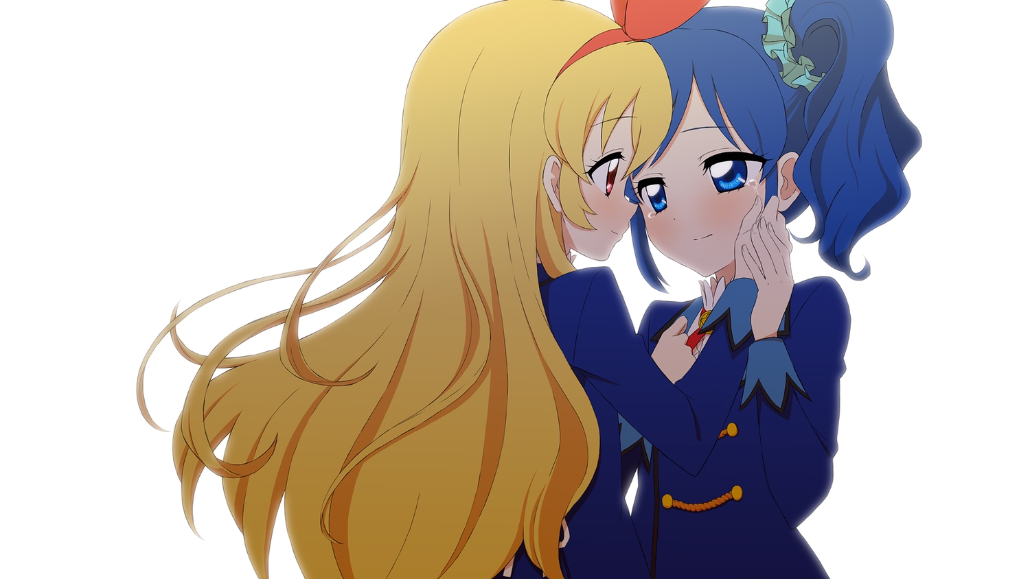 2girls, aikatsu!, blonde_hair, blue_eyes, blue_hair, headband, hoshimiya_ichigo, kiriya_aoi, long_hair, red_eyes, saiko_dagashi, school_uniform, short_hair, shoujo_ai, tears