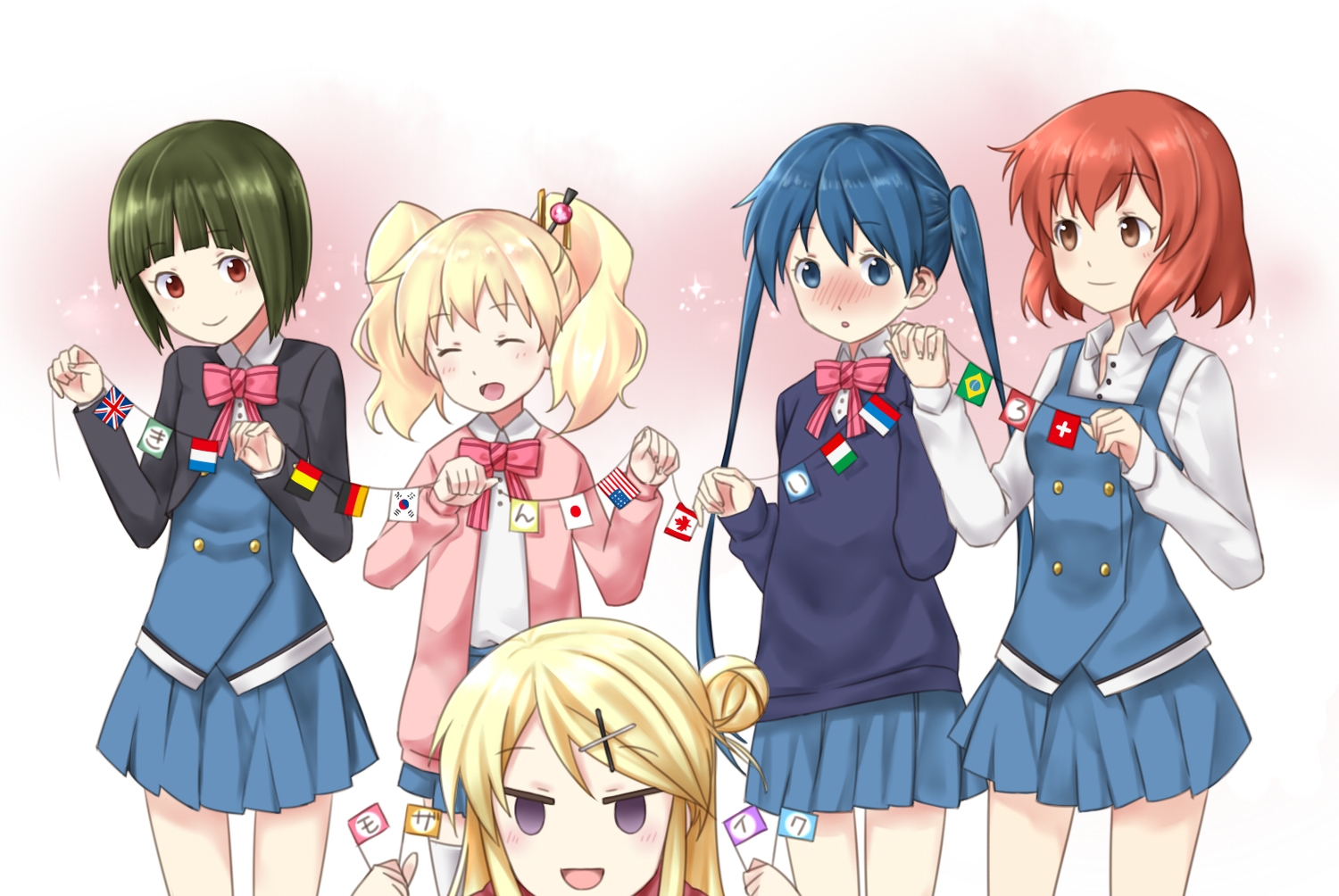 alice_cartelet, blonde_hair, blue_eyes, blue_hair, blush, bow, brown_eyes, green_hair, inokuma_yuko, kiniro_mosaic, komichi_aya, kujou_karen, long_hair, needle, oomiya_shinobu, orange_hair, purple_eyes, school_uniform, short_hair, skirt, twintails