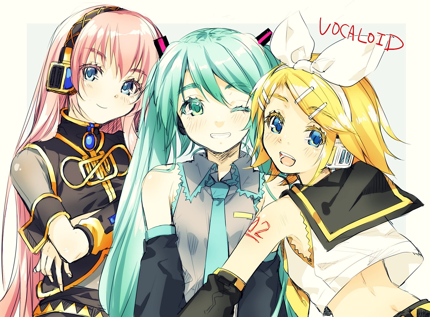 aqua_eyes, aqua_hair, blonde_hair, blue_eyes, blush, hatsune_miku, headphones, kagamine_rin