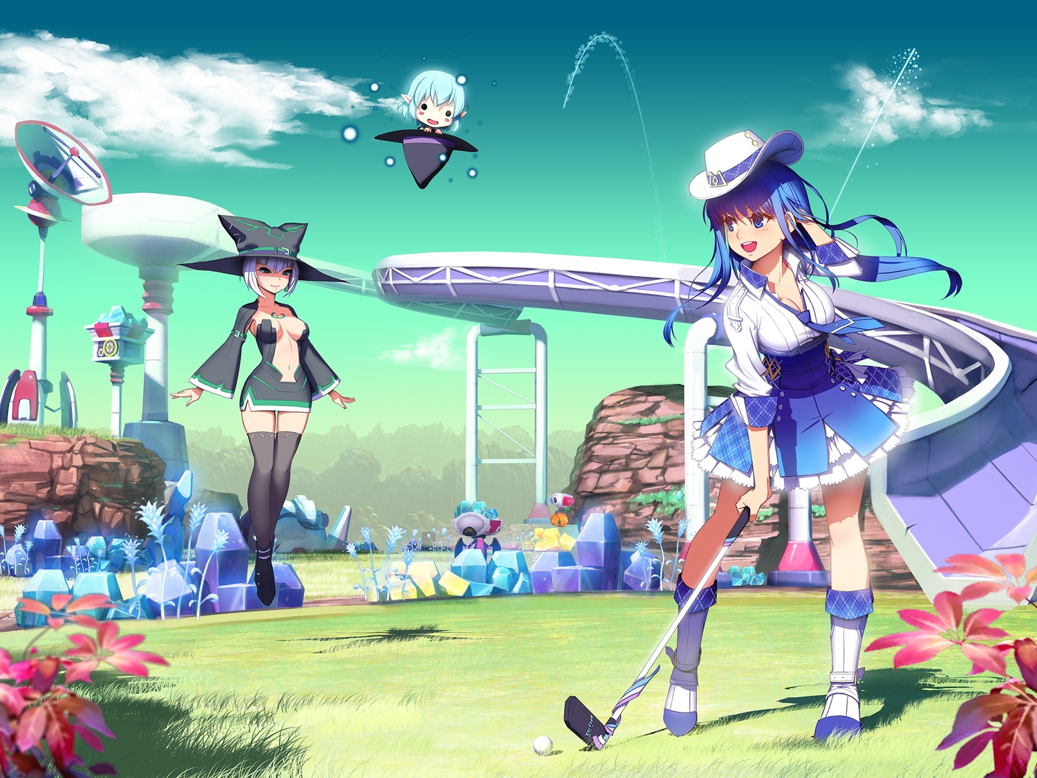 2girls, arin, ball, blue_eyes, blue_hair, boots, cadie_(pangya), flowers