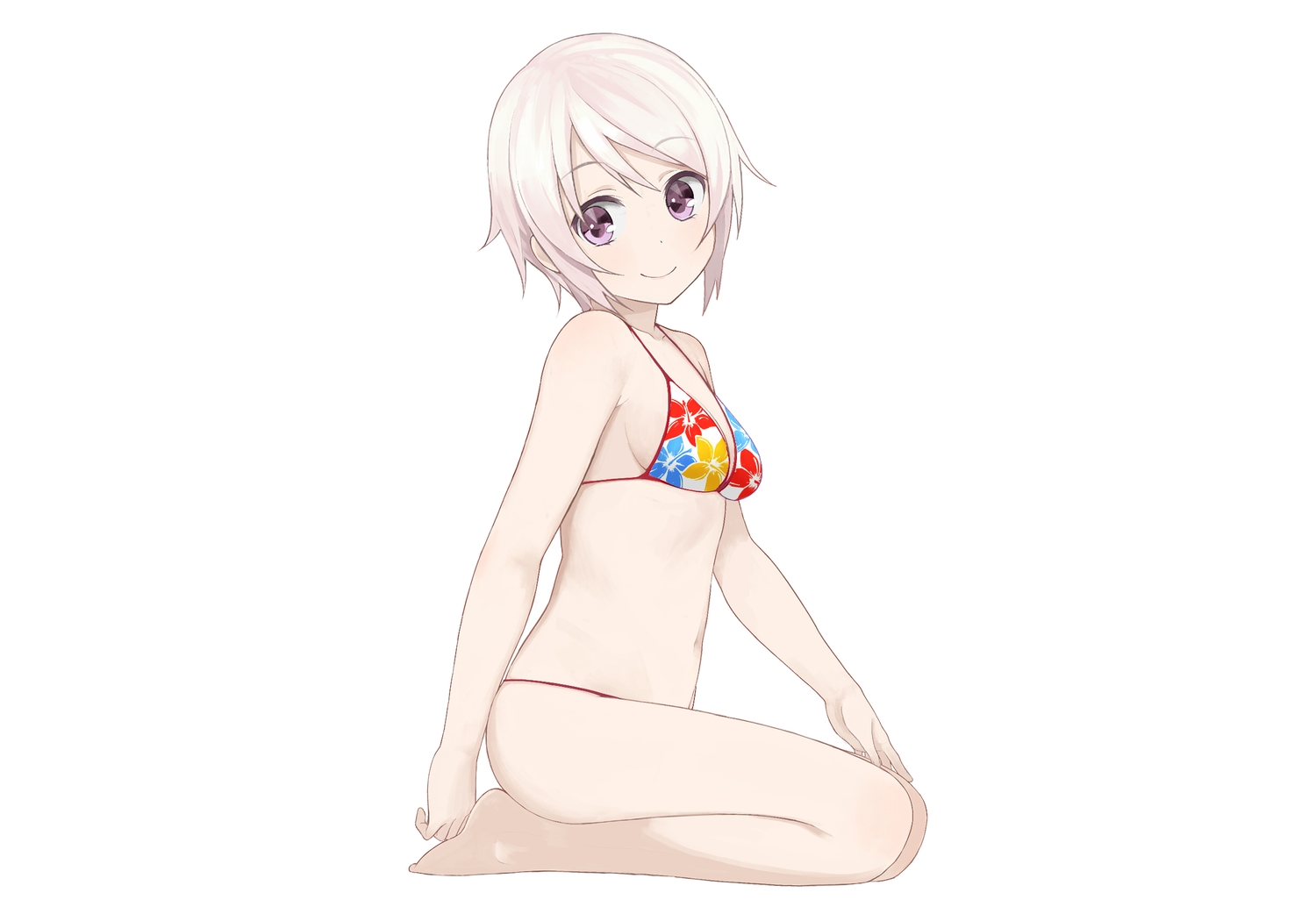 barefoot, bikini, blush, gray_hair, navel, nnyu, original, purple_eyes, short_hair, swimsuit, white
