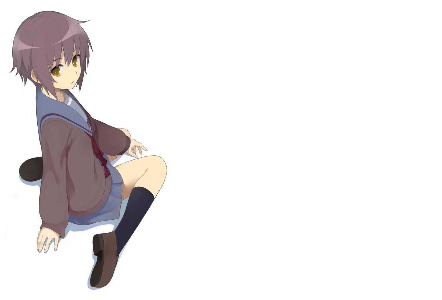 kneehighs, nagato_yuki, nnyu, purple_hair, school_uniform, short_hair, skirt, suzumiya_haruhi_no_yuutsu, white, yellow_eyes