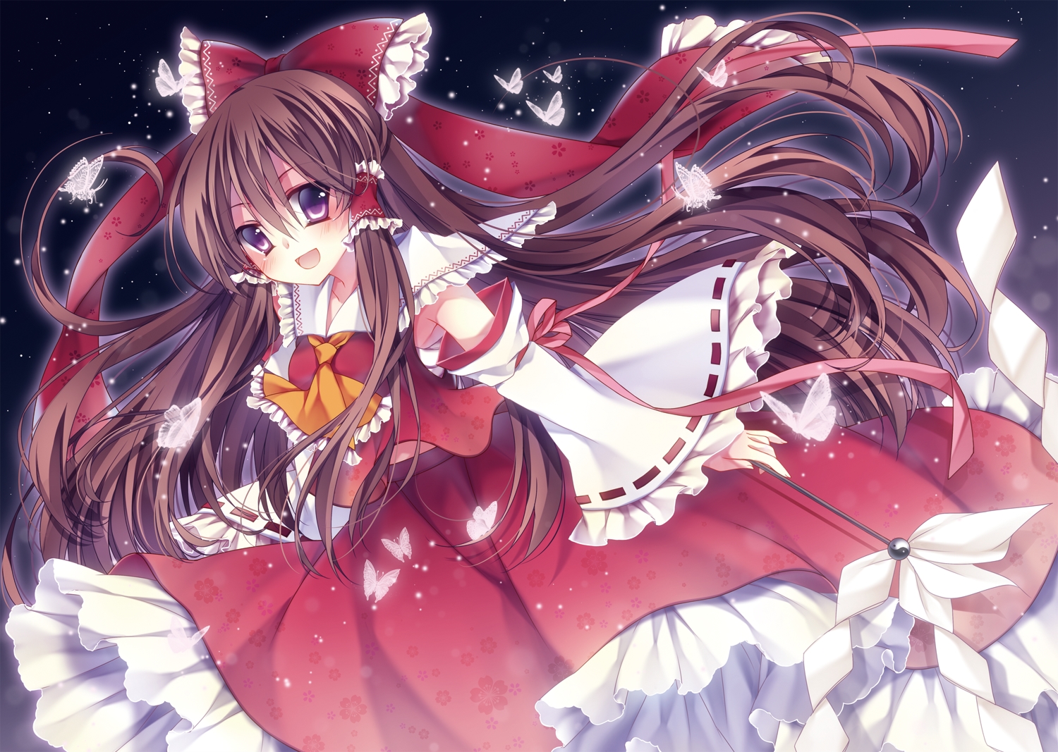 blush, bow, brown_hair, butterfly, dress, hakurei_reimu, headdress, japanese_clothes