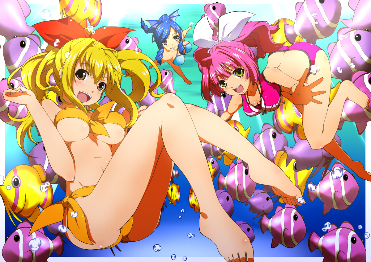 animal, barefoot, bikini, blonde_hair, blue_eyes, blue_hair, breasts, brown_eyes, bubbles, cleavage, fish, green_eyes, marin, miyabi_(miura105), pink_hair, short_hair, swimsuit, umi_monogatari, underboob, urin_(umi_monogatari), warin