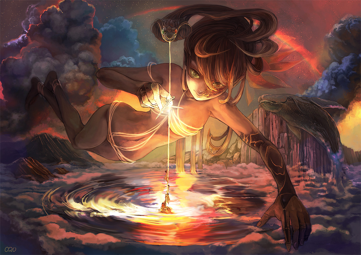 akashiba, animal, bicolored_eyes, brown_hair, clouds, original, rainbow, ribbons, scar, scenic, short_hair, snake, stars