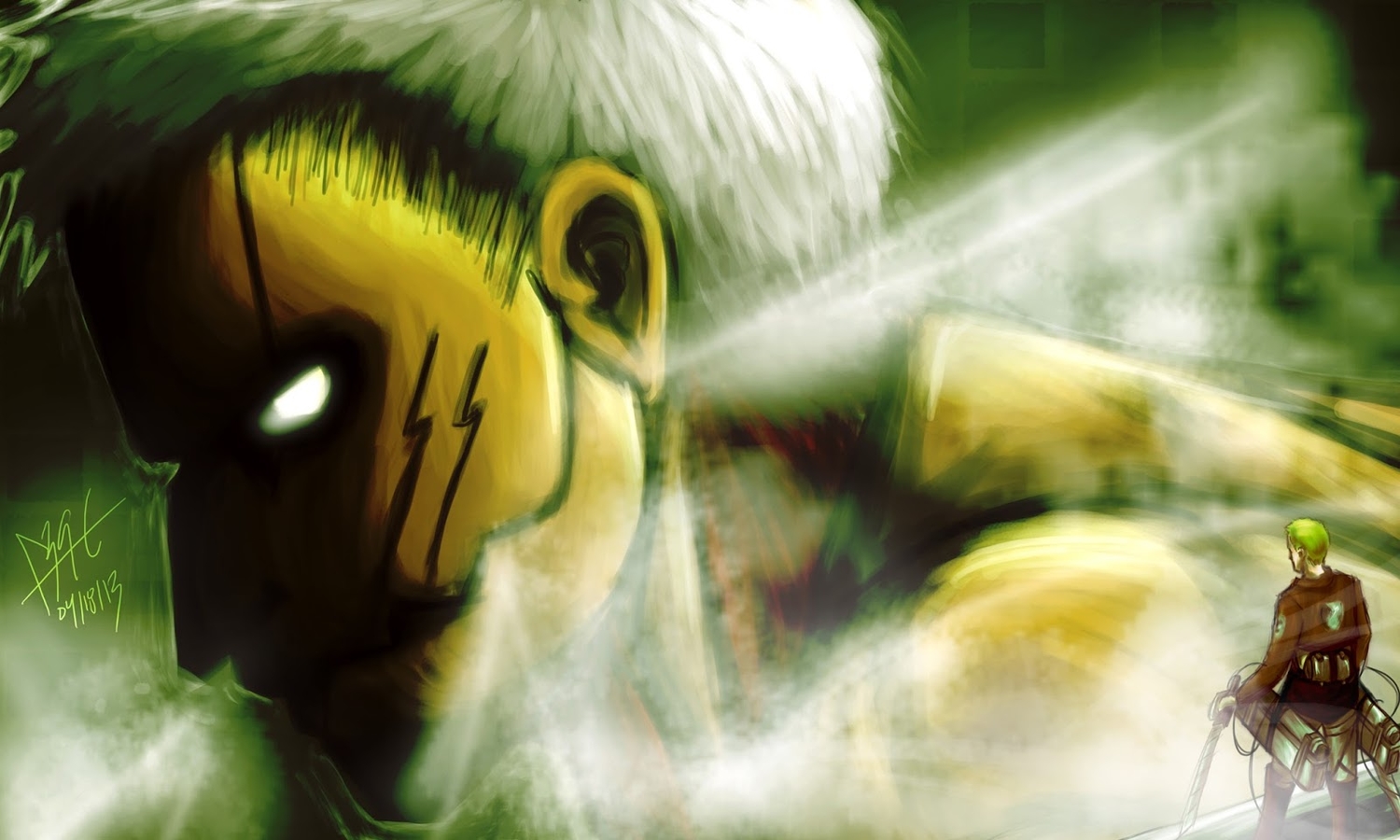 all_male, armored_titan, boots, close, fold39crane, gray_hair, green_hair, jpeg_artifacts, male, reiner_braun, shingeki_no_kyojin, short_hair, signed, sword, uniform, weapon