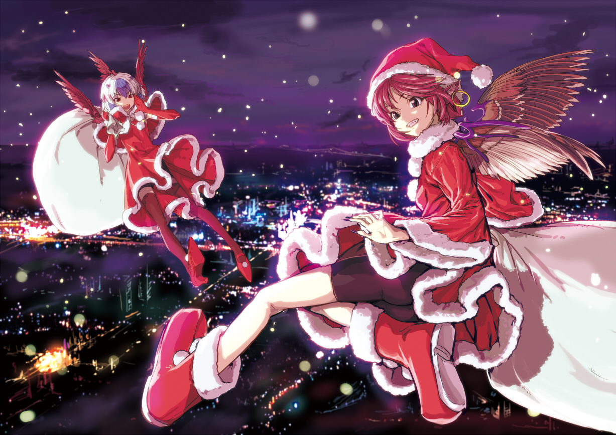 2girls, animal_ears, bike_shorts, blush, boots, brown_eyes, building, christmas