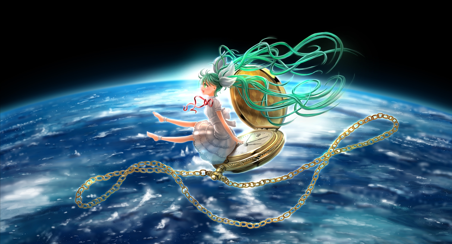 aqua_hair, barefoot, chain, dress, earth, gd._fengzi, green_eyes, hatsune_miku, long_hair, planet, ribbons, twintails, vocaloid