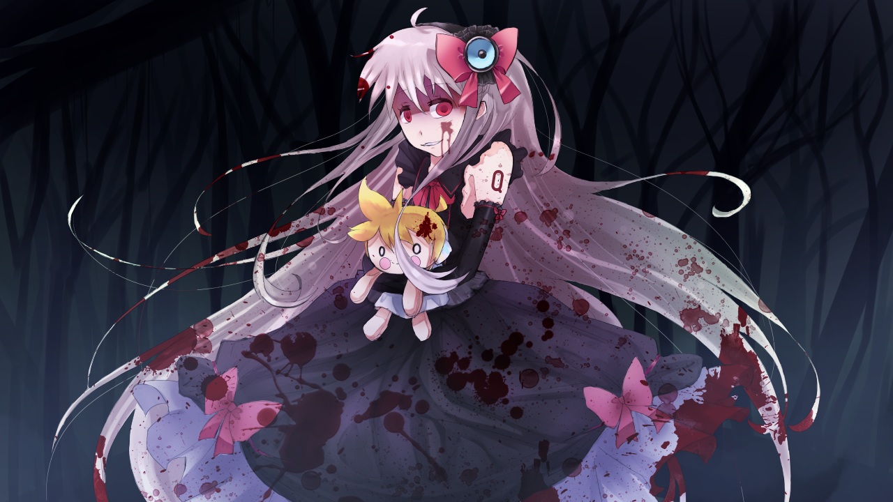 axelpows, blood, bow, cosplay, doll, dress, gray_hair, kagamine_len