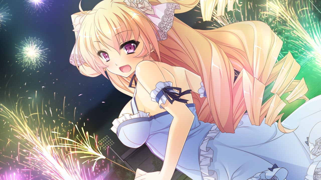 blonde_hair, blush, dress, fireworks, game_cg, girls_be_ambitious!, long_hair, misasagi_erena