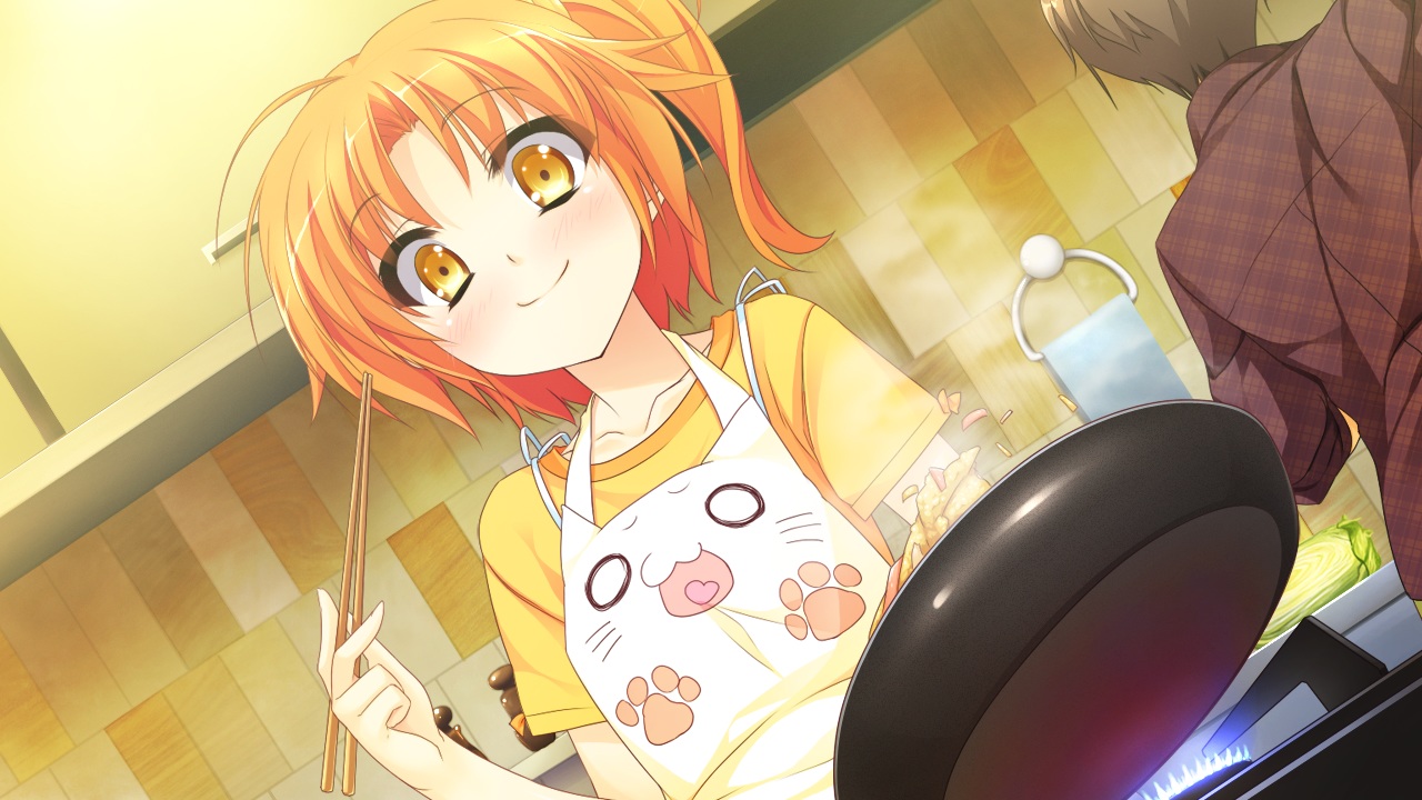 aono_sena, apron, blush, food, game_cg, girls_be_ambitious!, mtu, orange_hair