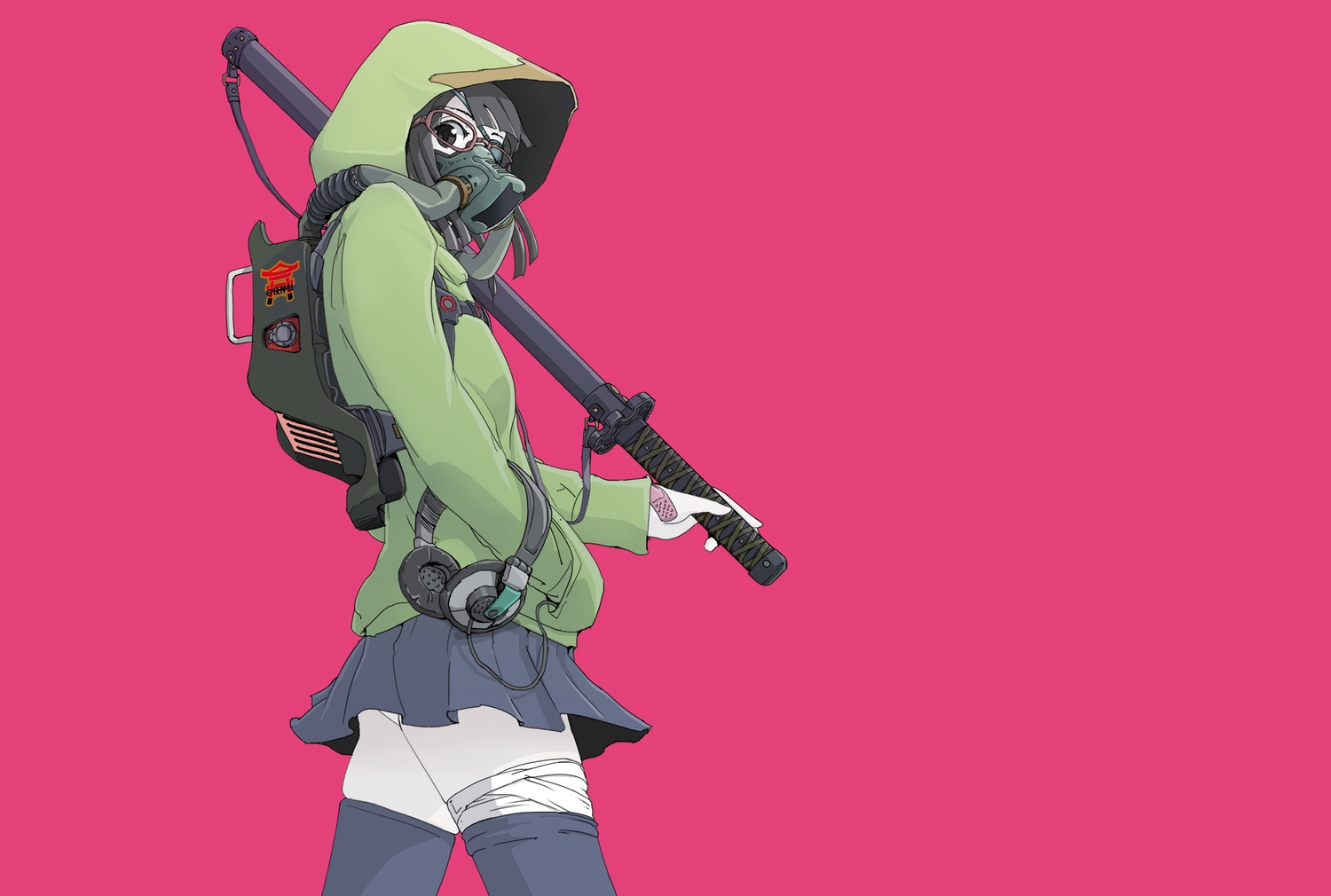 bandage, bandaid, black_eyes, black_hair, eyepatch, glasses, headphones, katana, mask, original, pink, skirt, sukabu, sword, thighhighs, weapon