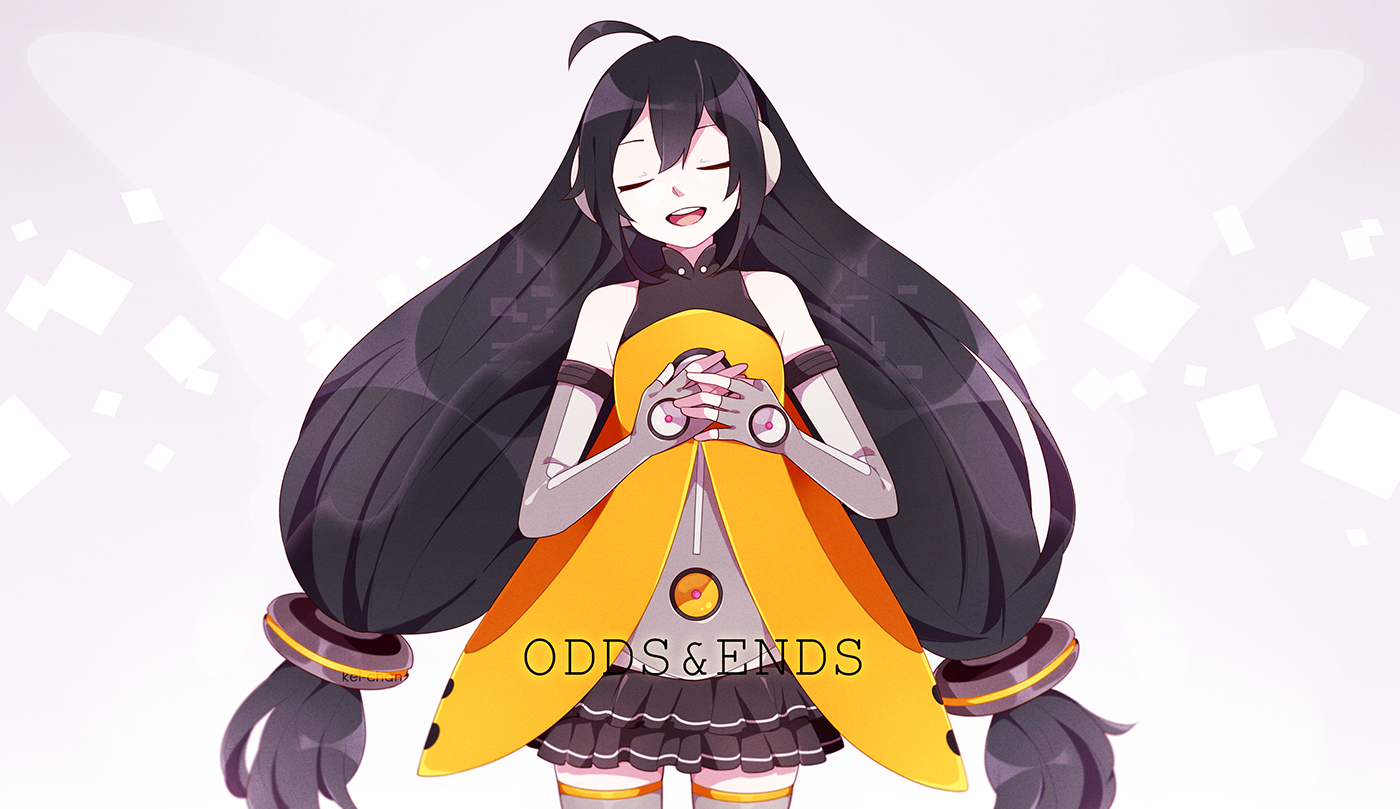 black_hair, elbow_gloves, gloves, kei-chan, kotone_keiko, long_hair, odds_&_ends_(vocaloid), signed, skirt, thighhighs, twintails, utau