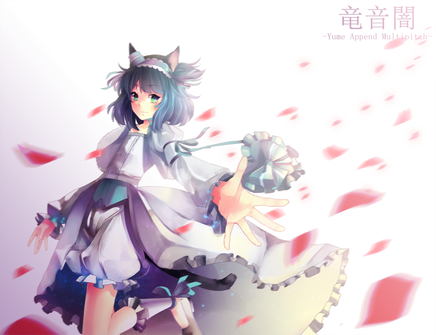 all_male, animal_ears, bloomers, blue_hair, bow, green_eyes, headdress, male, noririn-hayashi, otoko_no_ko, petals, ribbons, ryone_yami, short_hair, tail, utau