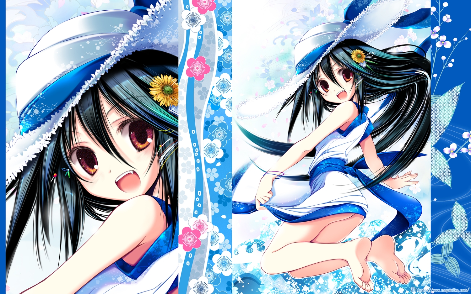 barefoot, black_hair, brown_eyes, fang, hat, long_hair, original, tenmu_shinryuusai