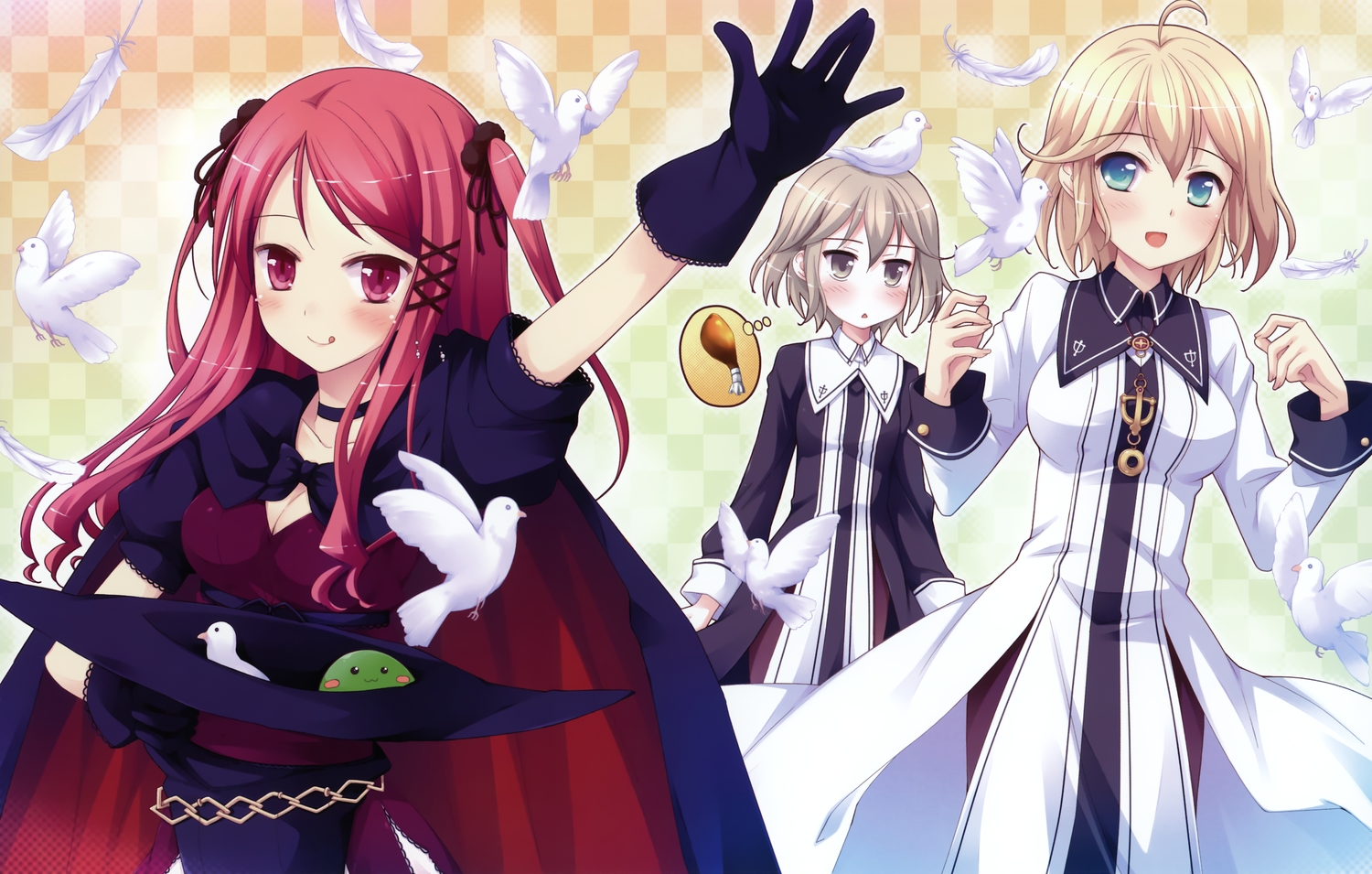 animal, aqua_eyes, bird, blonde_hair, blush, brown_eyes, brown_hair, cape