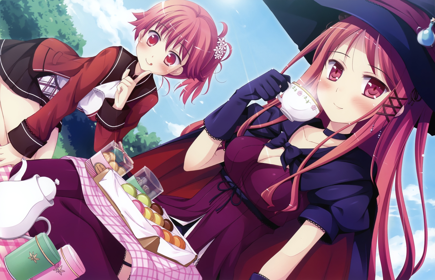2girls, blush, breasts, cleavage, dress, drink, food, gloves