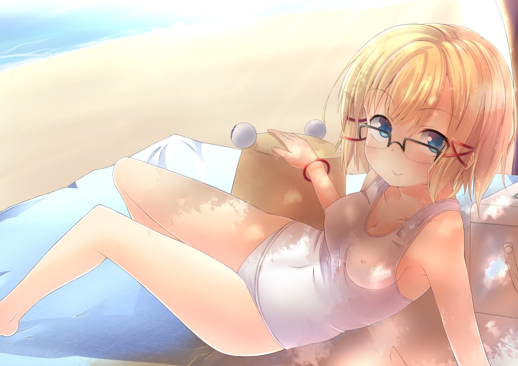 aliasing, beach, blonde_hair, blue_eyes, blush, breasts, cleavage, erect_nipples, glasses, hat, moriya_suwako, short_hair, spirytus_tarou, swimsuit, touhou, water