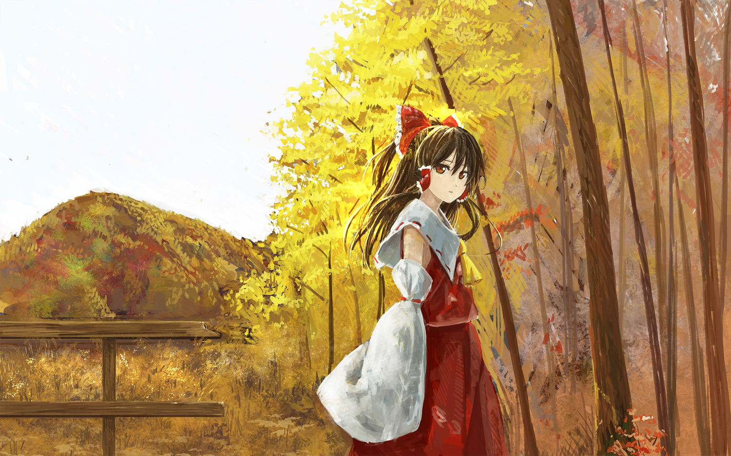 autumn, bow, brown_eyes, brown_hair, forest, hakurei_reimu, japanese_clothes, kinoto_(ruindivinity), long_hair, miko, touhou, tree