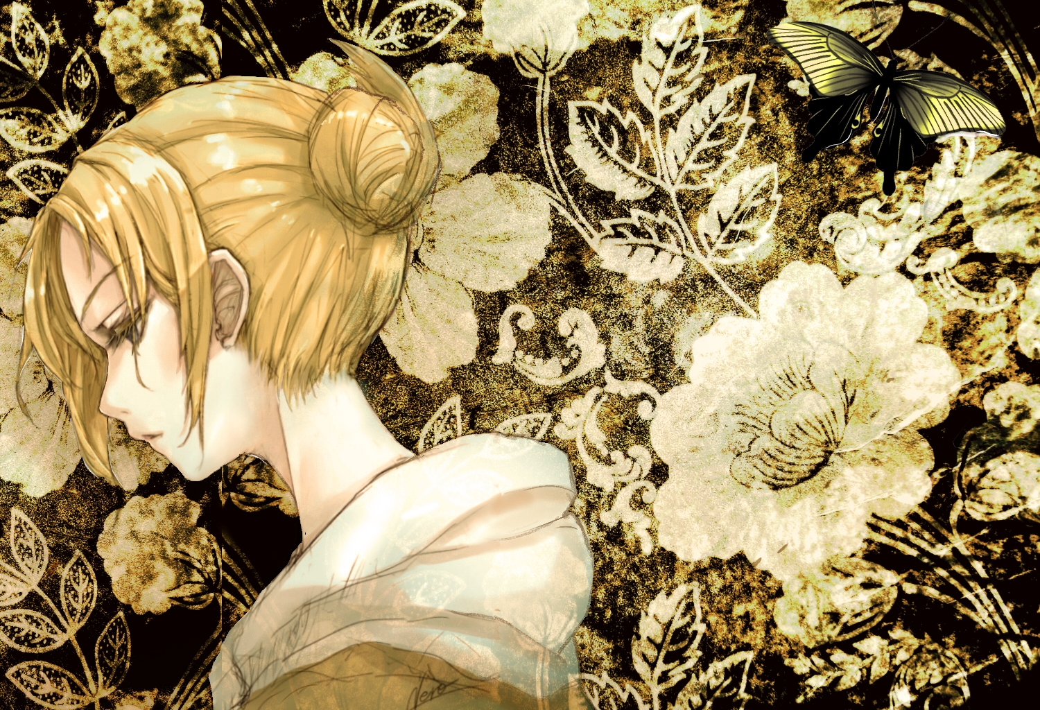 annie_leonhardt, black_eyes, blonde_hair, butterfly, kuronekonero, shingeki_no_kyojin, short_hair, signed, yellow