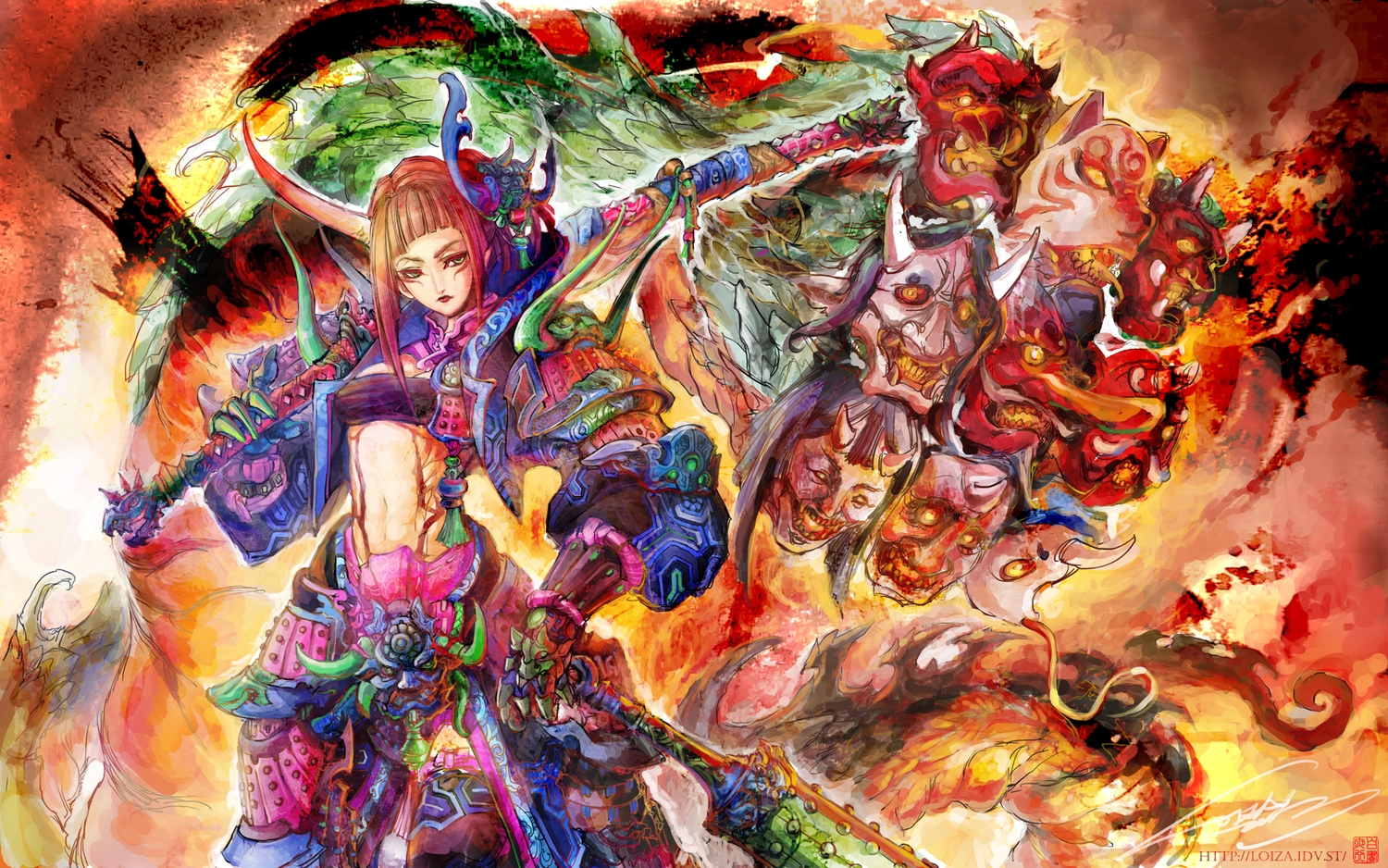 armor, brown_hair, demon, green_eyes, horns, loiza, navel, original, sarashi, underwear, weapon
