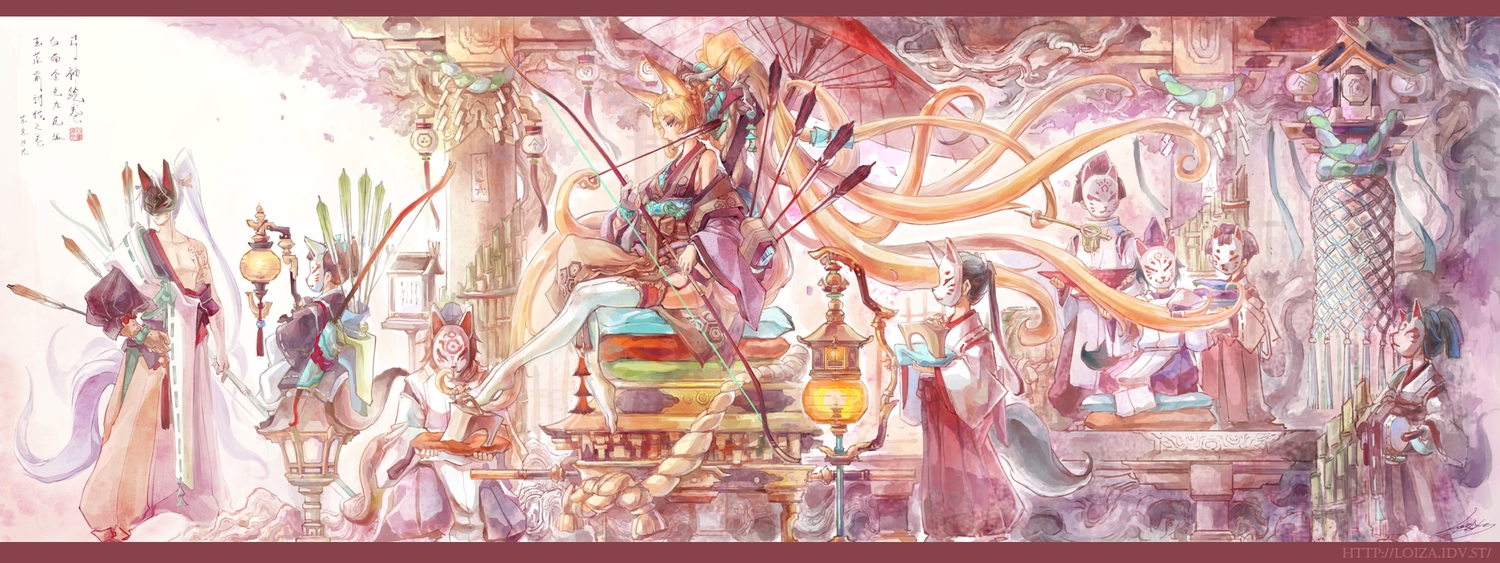 animal_ears, black_hair, blonde_hair, bow_(weapon), brown_hair, dualscreen, foxgirl, group, japanese_clothes, loiza, long_hair, male, mask, miko, multiple_tails, original, ponytail, short_hair, stockings, tail, tattoo, umbrella, weapon, white_hair