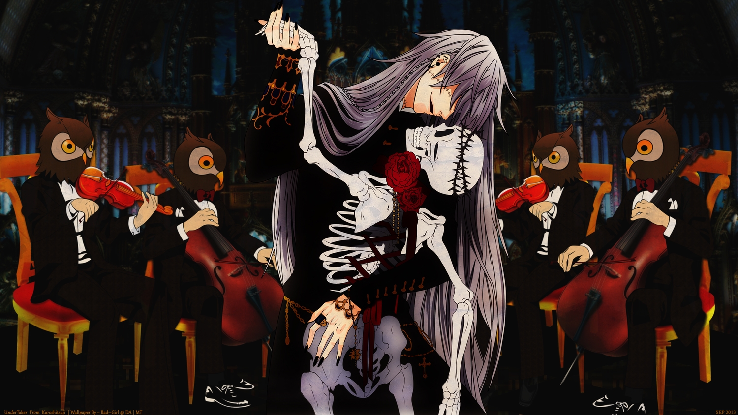 all_male, bones, bow, braids, flowers, gray_hair, instrument, kuroshitsuji