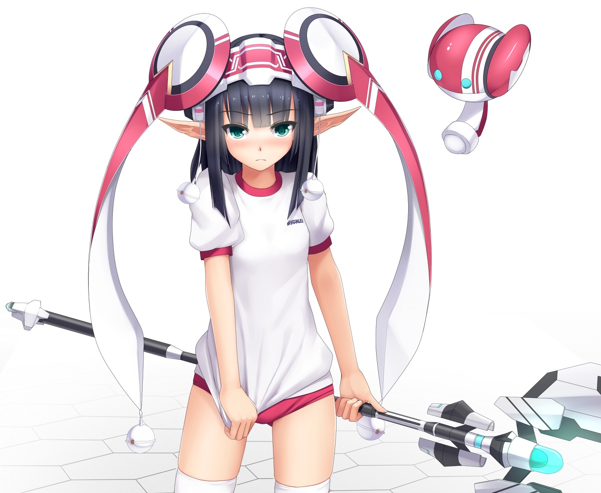 black_hair, bloomers, blush, eto, fonewearl, green_eyes, gym_uniform, phantasy_star, phantasy_star_online, pointed_ears, staff, weapon, white, wiola_magica