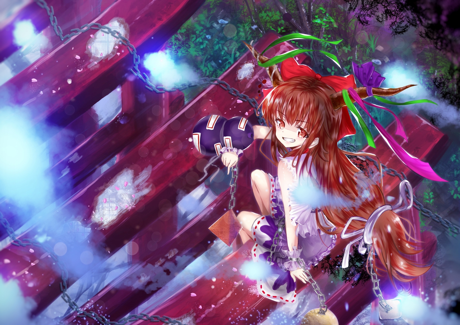brown_eyes, brown_hair, chain, daikazoku63, dress, horns, ibuki_suika, long_hair, petals, ribbons, torii, touhou, wristwear