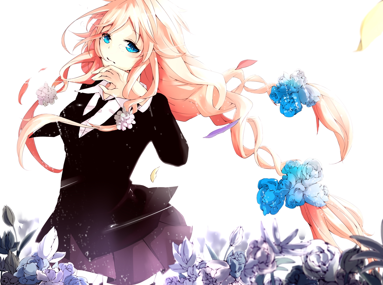 blonde_hair, blue_eyes, braids, flowers, ia, kurosakiinu, long_hair, petals, skirt, tie, vocaloid