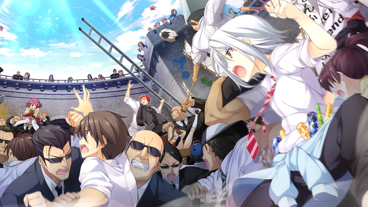 bandaid, black_hair, brown_eyes, brown_hair, cape, game_cg, girls_be_ambitious!, glasses, group, hat, kneehighs, long_hair, male, mtu, oogami_rui, pink_hair, purple_hair, red_eyes, red_hair, school_uniform, score, short_hair, skirt, suit, sunglasses, tatsumi_genki, thighhighs, tie, twintails, white_hair