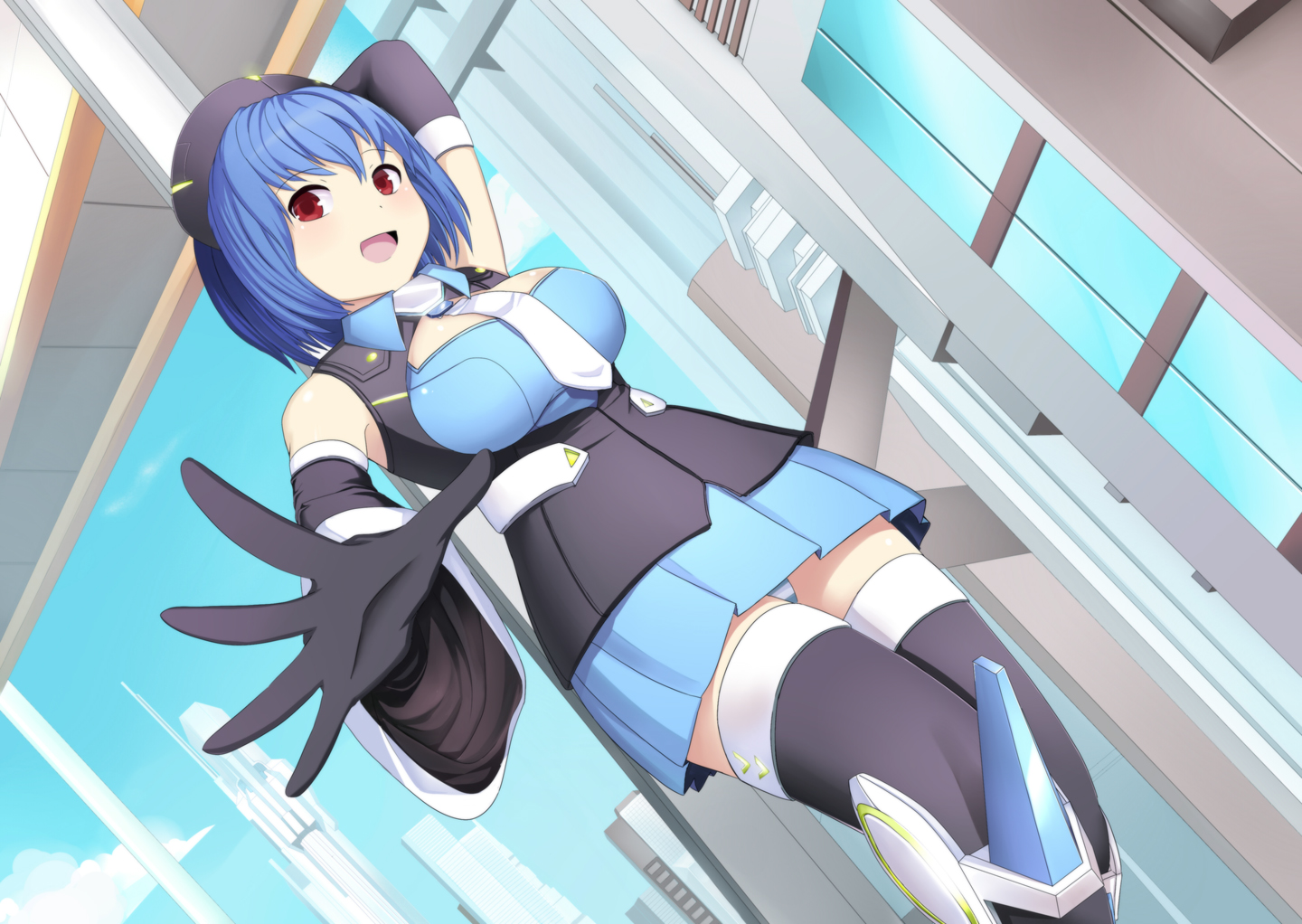 blue_hair, elbow_gloves, gloves, hat, original, panties, red_eyes, rouzille, short_hair, skirt, stockings, thighhighs, tie, underwear, upskirt, zettai_ryouiki