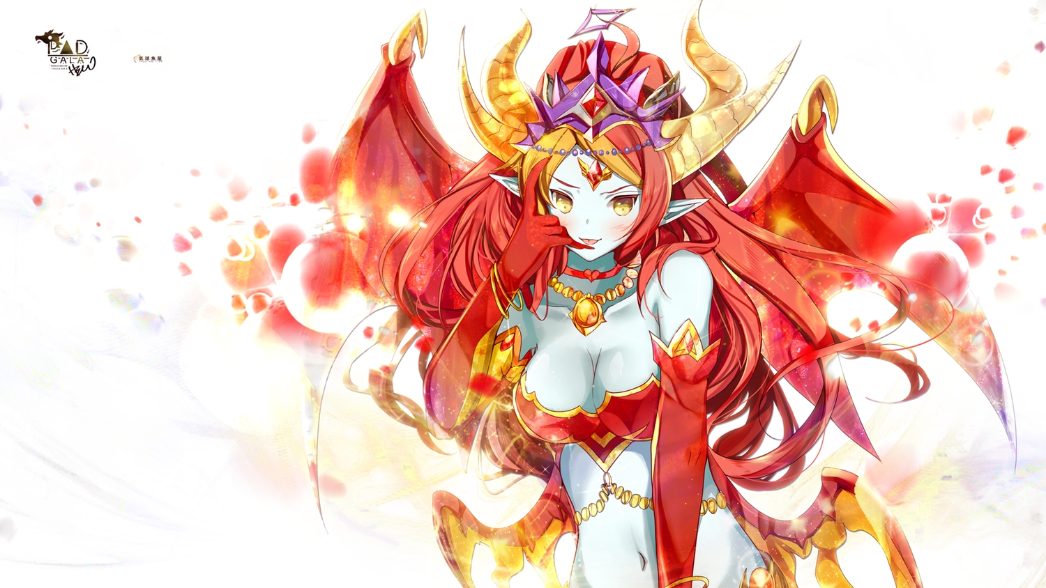breasts, cleavage, demon, elbow_gloves, gloves, heco_(mama), hera_(p&d), horns, long_hair, navel, necklace, pointed_ears, puzzle_&_dragons, red_hair, wings, yellow_eyes