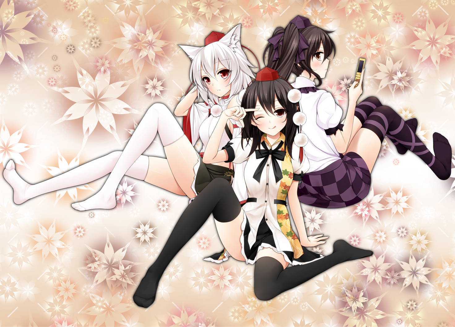 animal_ears, black_hair, brown_eyes, hat, himekaidou_hatate, inubashiri_momiji, phone, red_eyes