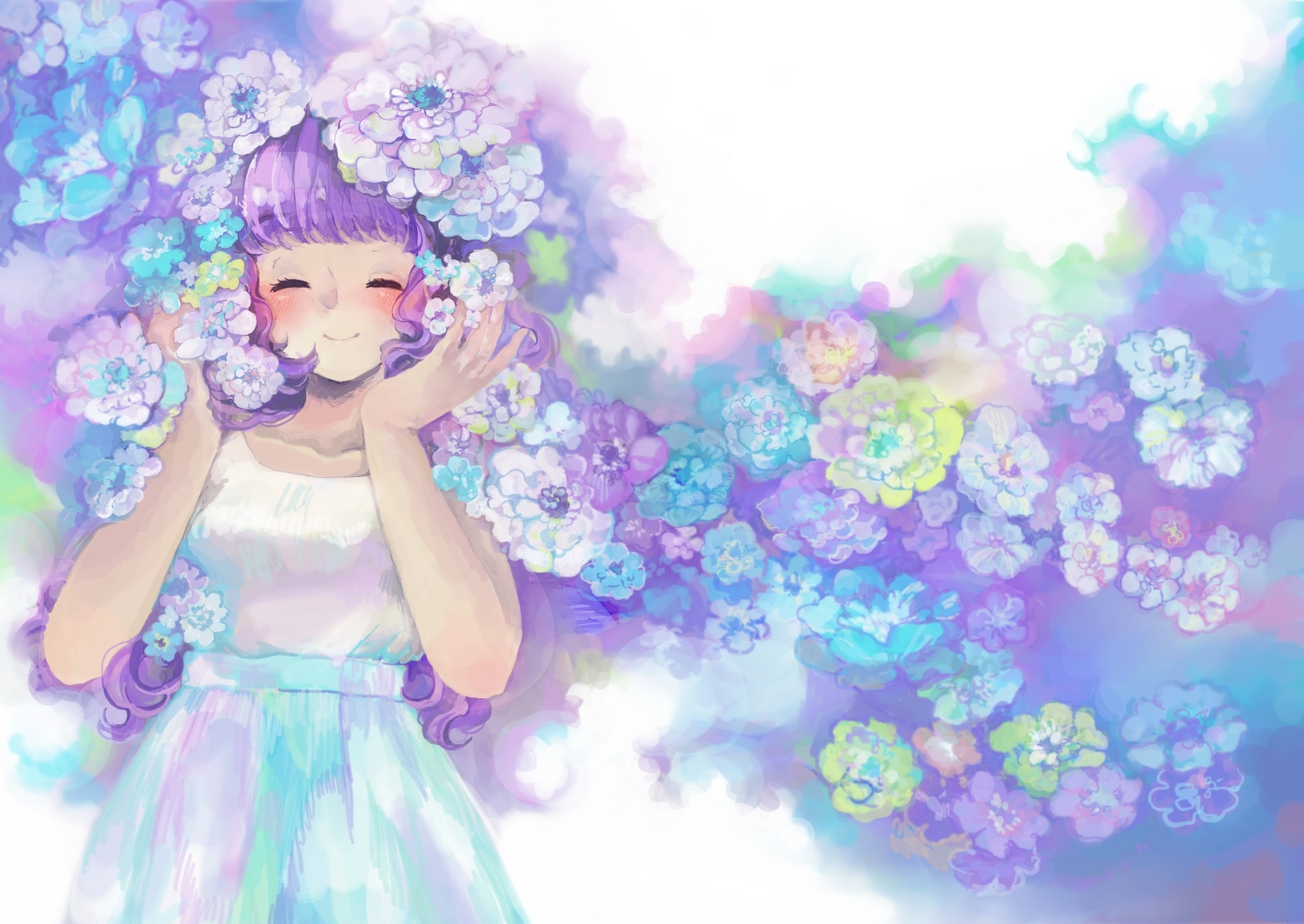 blush, dress, flowers, long_hair, original, purple_hair, shirozatou