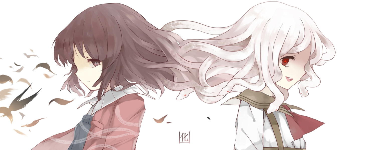 animal, bakemonogatari, bird, brown_eyes, brown_hair, dualscreen, feathers, maiwetea