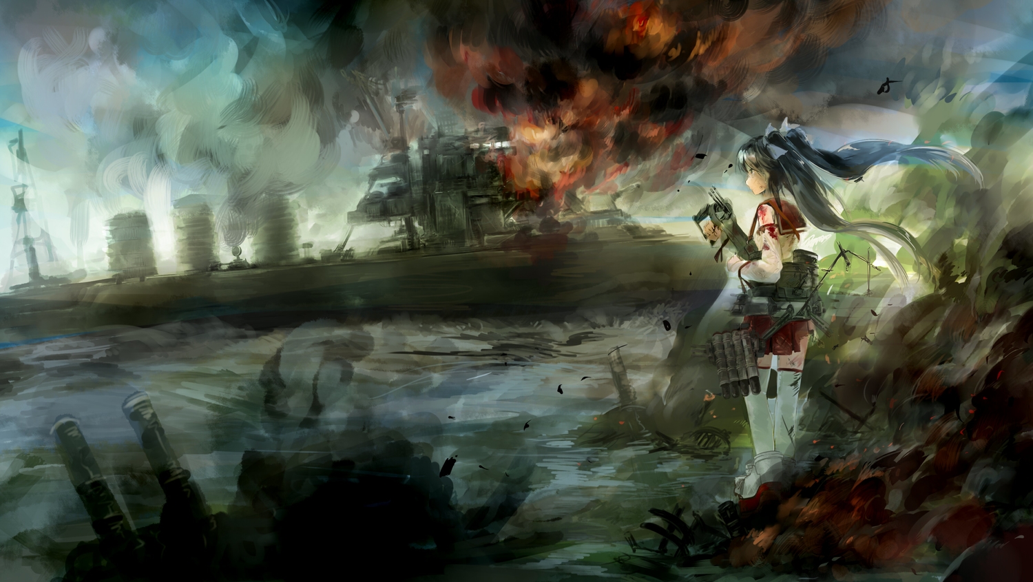 anthropomorphism, blood, blue_hair, boat, boots, combat_vehicle, cus-tom, fire