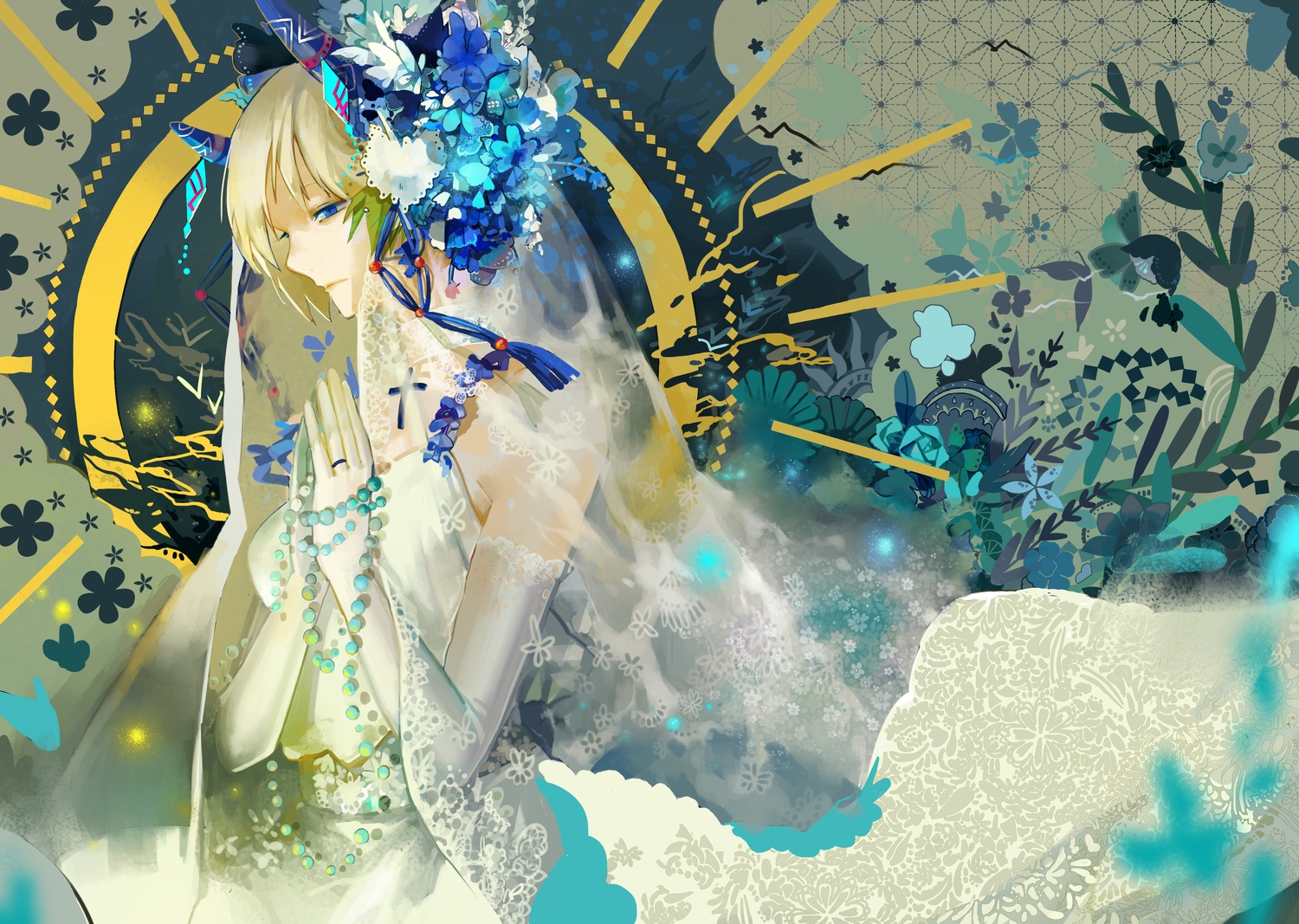 blonde_hair, blue_eyes, dress, flowers, horns, nibanmachi_wakai, original, short_hair, wedding_attire