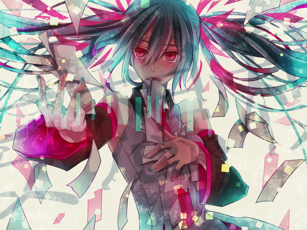 aqua_hair, hatsune_miku, long_hair, mizuyu, mousou_zei_(vocaloid), paper, pink_eyes, tie