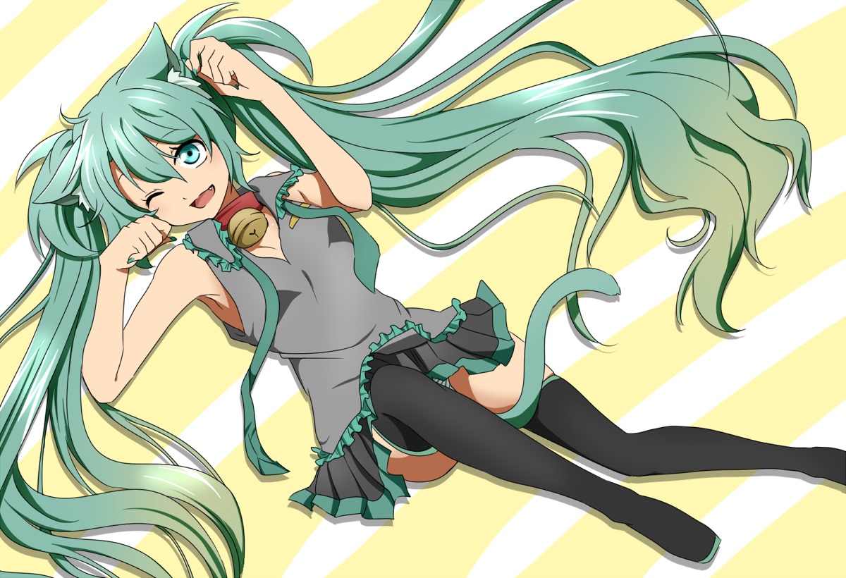 animal_ears, aqua_eyes, aqua_hair, bell, catgirl, collar, fang, hatsune_miku