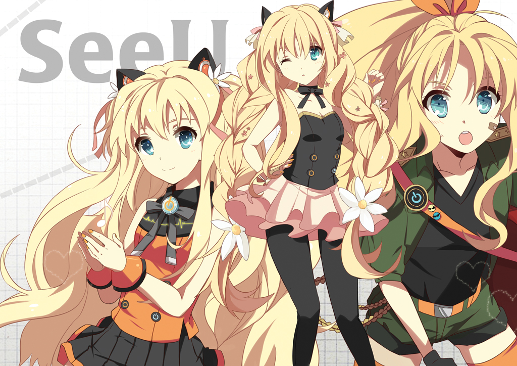 animal_ears, bandaid, blonde_hair, blue_eyes, catgirl, choker, eunram, long_hair