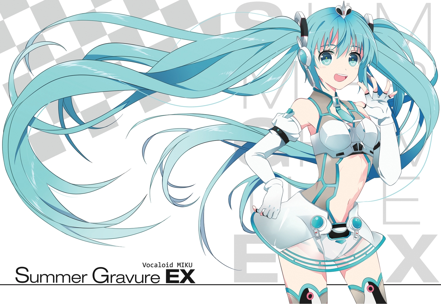 blue_eyes, blue_hair, bodysuit, elbow_gloves, eunram, gloves, hatsune_miku, long_hair, navel, skintight, thighhighs, tie, twintails, vocaloid