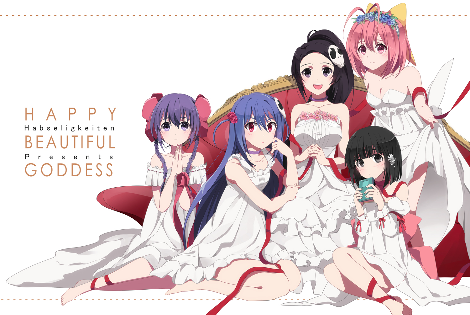 ayukawa_tenri, barefoot, black_eyes, black_hair, blush, book, braids, choker, dress, elsee_de_ruth_ima, eunram, flowers, group, haqua_du_lot_herminium, headdress, kami_nomi_zo_shiru_sekai, long_hair, nakagawa_kanon, pink_eyes, pink_hair, ponytail, purple_eyes, purple_hair, red_eyes, ribbons, shiomiya_shiori, short_hair, white