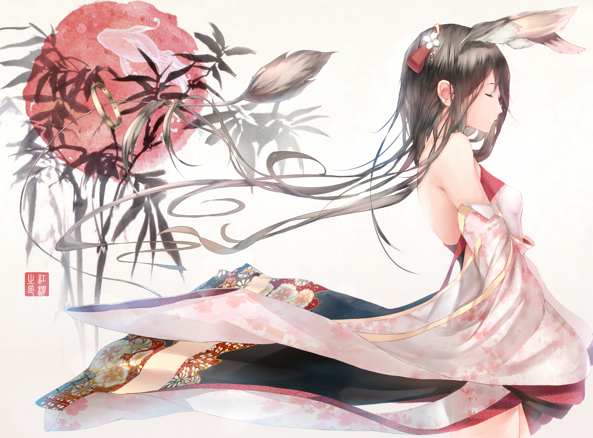 animal, animal_ears, black_hair, fish, hadean92, japanese_clothes, long_hair, original, tail