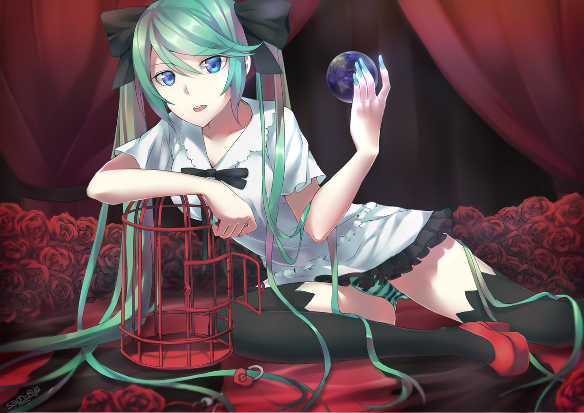 aqua_hair, blue_eyes, cage, flowers, hatsune_miku, long_hair, panties, rose, saphirya, signed, striped_panties, thighhighs, twintails, underwear, vocaloid, world_is_mine_(vocaloid)