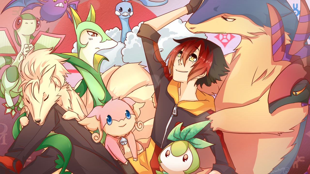 all_male, altaria, audino, bell, black_hair, collar, crobat, flygon